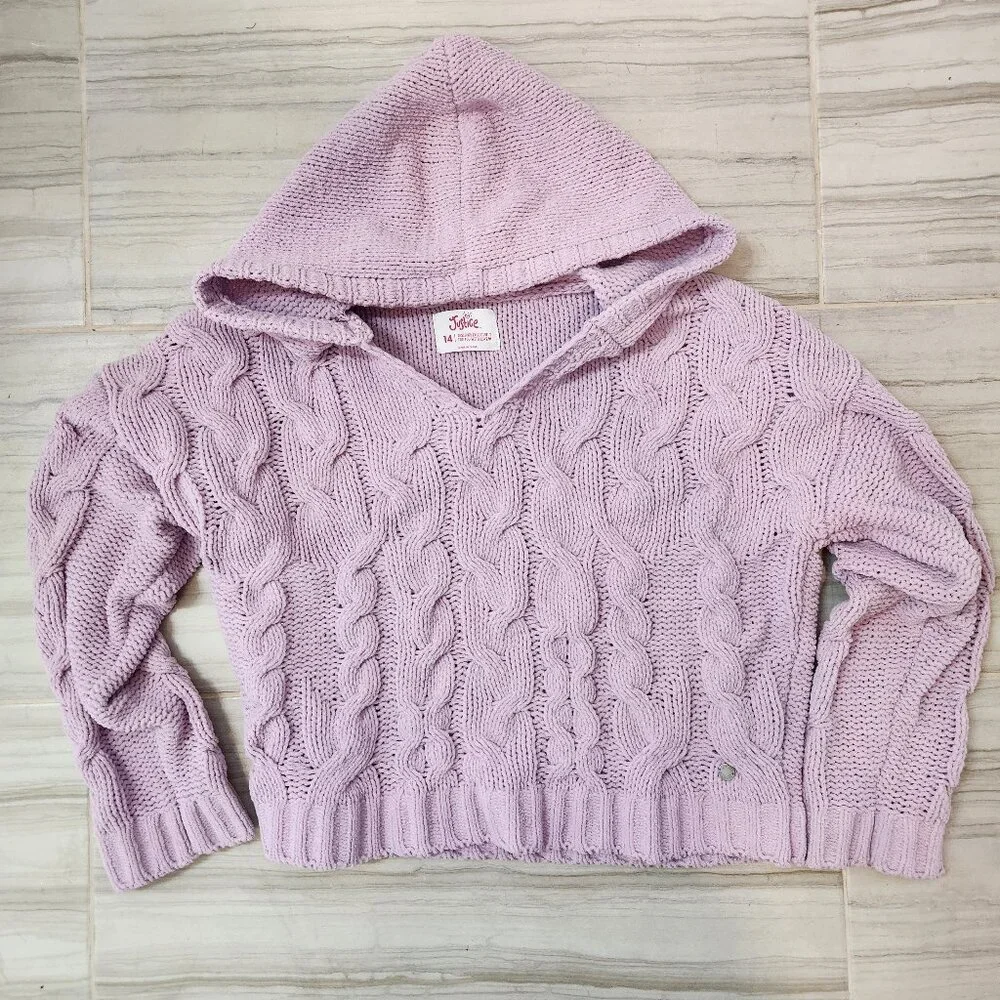 Justice Girls Knitted V-Neck Purple Cropped Sweater w/ Hood